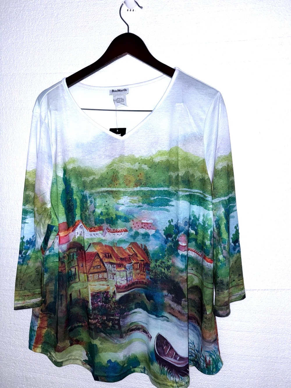 Bon Worth Watercolor Landscape V-Neck Top